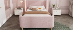Lit 90x200 cm tapissé velours avec tête de lit style luge, motifs spatiaux enfantins, coloris rose><noscript><img width=