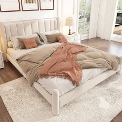 Redom Lit 160x200 cm tapissé velours beige avec tête de lit ondulée et pieds cylindriques 43,5 cm* Lit Double