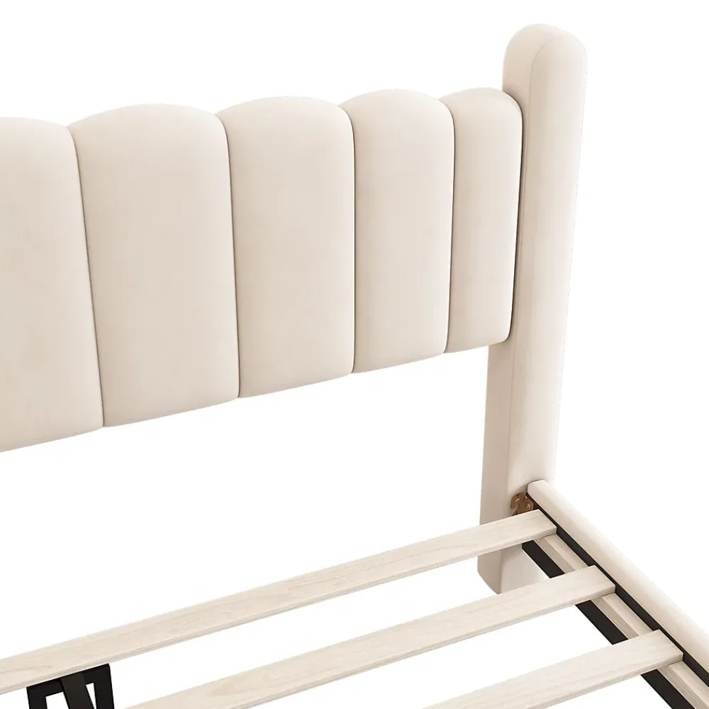 Redom Lit 160x200 cm tapissé velours beige avec tête de lit ondulée et pieds cylindriques 43,5 cm* Lit Double