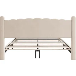 Redom Lit 160x200 cm tapissé velours beige avec tête de lit ondulée et pieds cylindriques 43,5 cm* Lit Double