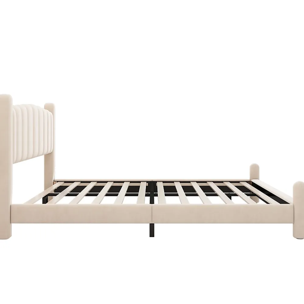 Redom Lit 160x200 cm tapissé velours beige avec tête de lit ondulée et pieds cylindriques 43,5 cm* Lit Double