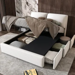 Redom Lit 140x200 cm tapissé velours beige avec coffre intégré, 3 tiroirs latéraux et tête de lit réglable* Lit Avec Rangement