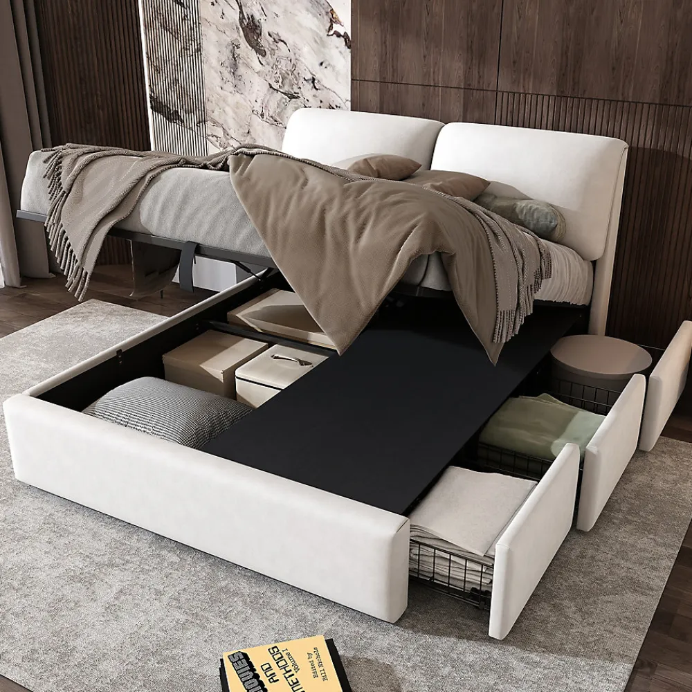 Redom Lit 140x200 cm tapissé velours beige avec coffre intégré, 3 tiroirs latéraux et tête de lit réglable* Lit Avec Rangement