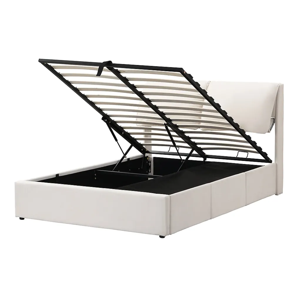 Redom Lit 140x200 cm tapissé velours beige avec coffre intégré, 3 tiroirs latéraux et tête de lit réglable* Lit Avec Rangement