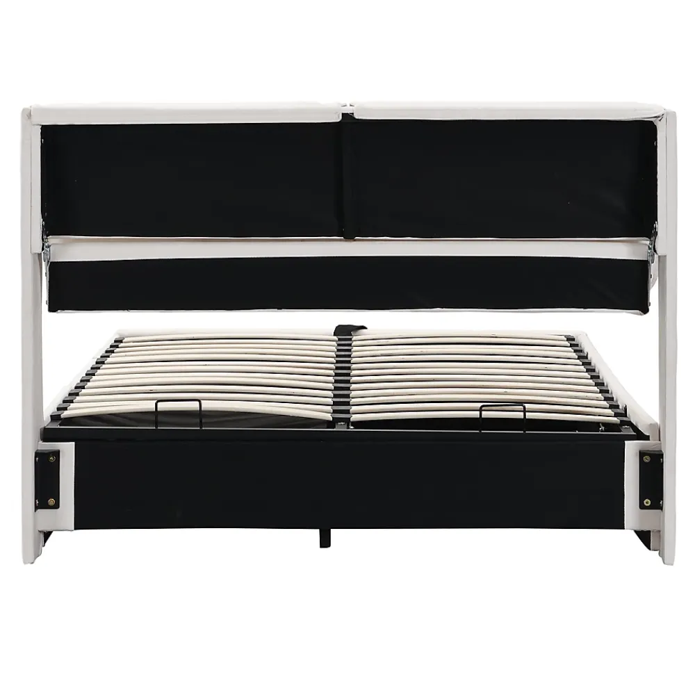 Redom Lit 140x200 cm tapissé velours beige avec coffre intégré, 3 tiroirs latéraux et tête de lit réglable* Lit Avec Rangement