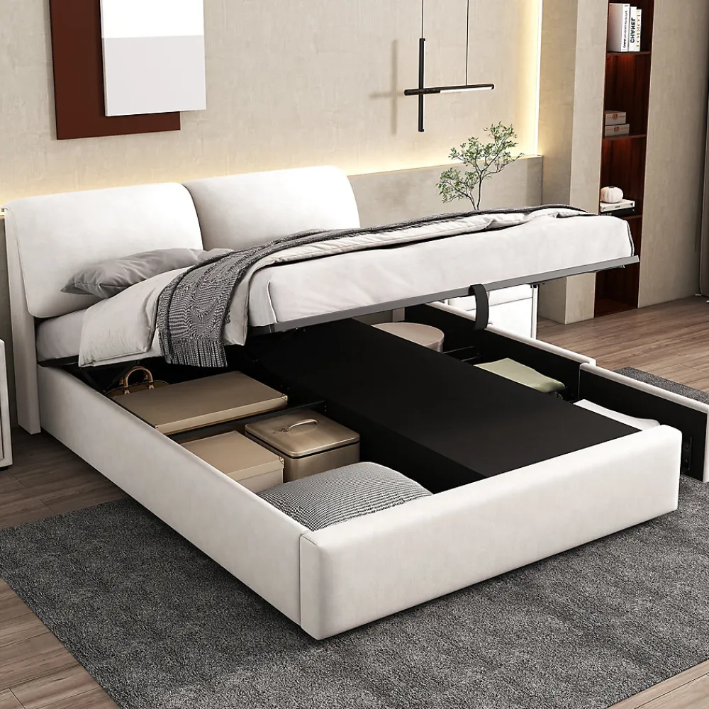 Redom Lit 140x200 cm tapissé velours beige avec coffre intégré, 3 tiroirs latéraux et tête de lit réglable* Lit Avec Rangement