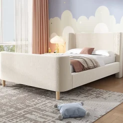 Redom Lit 90x200 cm tapissé velours beige, design luge avec tête rembourrée et motif spatial, cadre métal et bois* Lit Simple