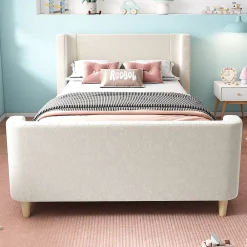 Redom Lit 90x200 cm tapissé velours beige, design luge avec tête rembourrée et motif spatial, cadre métal et bois* Lit Simple