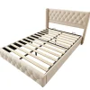 Redom Lit 160x200 cm tapissé velours beige clair avec tête de lit capitonnée, rivets décoratifs et pieds bois* Lit Double