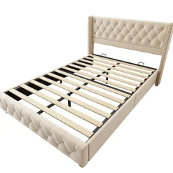 Redom Lit 160x200 cm tapissé velours beige clair avec tête de lit capitonnée, rivets décoratifs et pieds bois* Lit Double