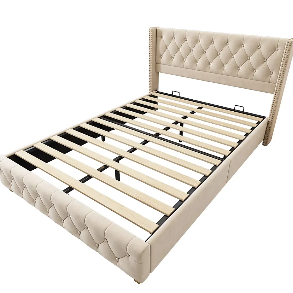 Redom Lit 160x200 cm tapissé velours beige clair avec tête de lit capitonnée, rivets décoratifs et pieds bois* Lit Double
