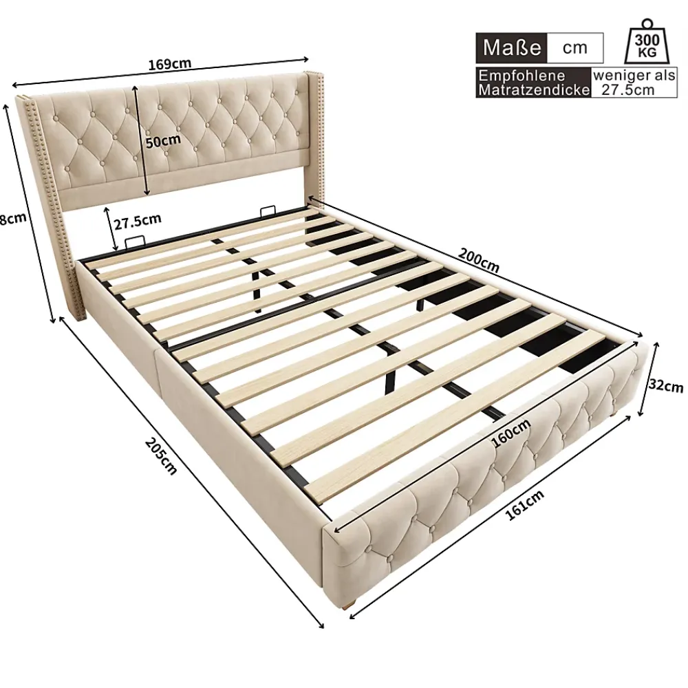 Redom Lit 160x200 cm tapissé velours beige clair avec tête de lit capitonnée, rivets décoratifs et pieds bois* Lit Double