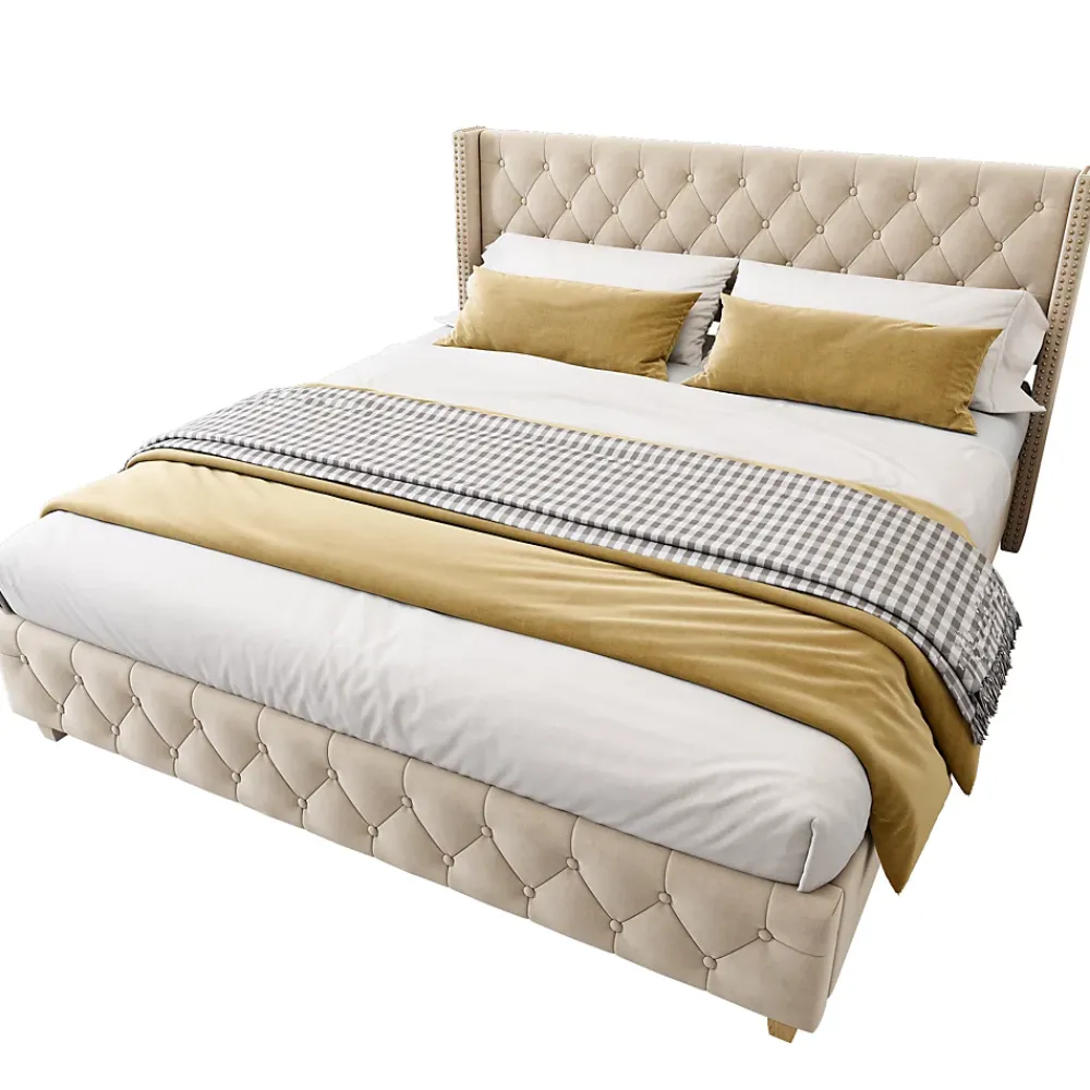 Redom Lit 160x200 cm tapissé velours beige clair avec tête de lit capitonnée, rivets décoratifs et pieds bois* Lit Double
