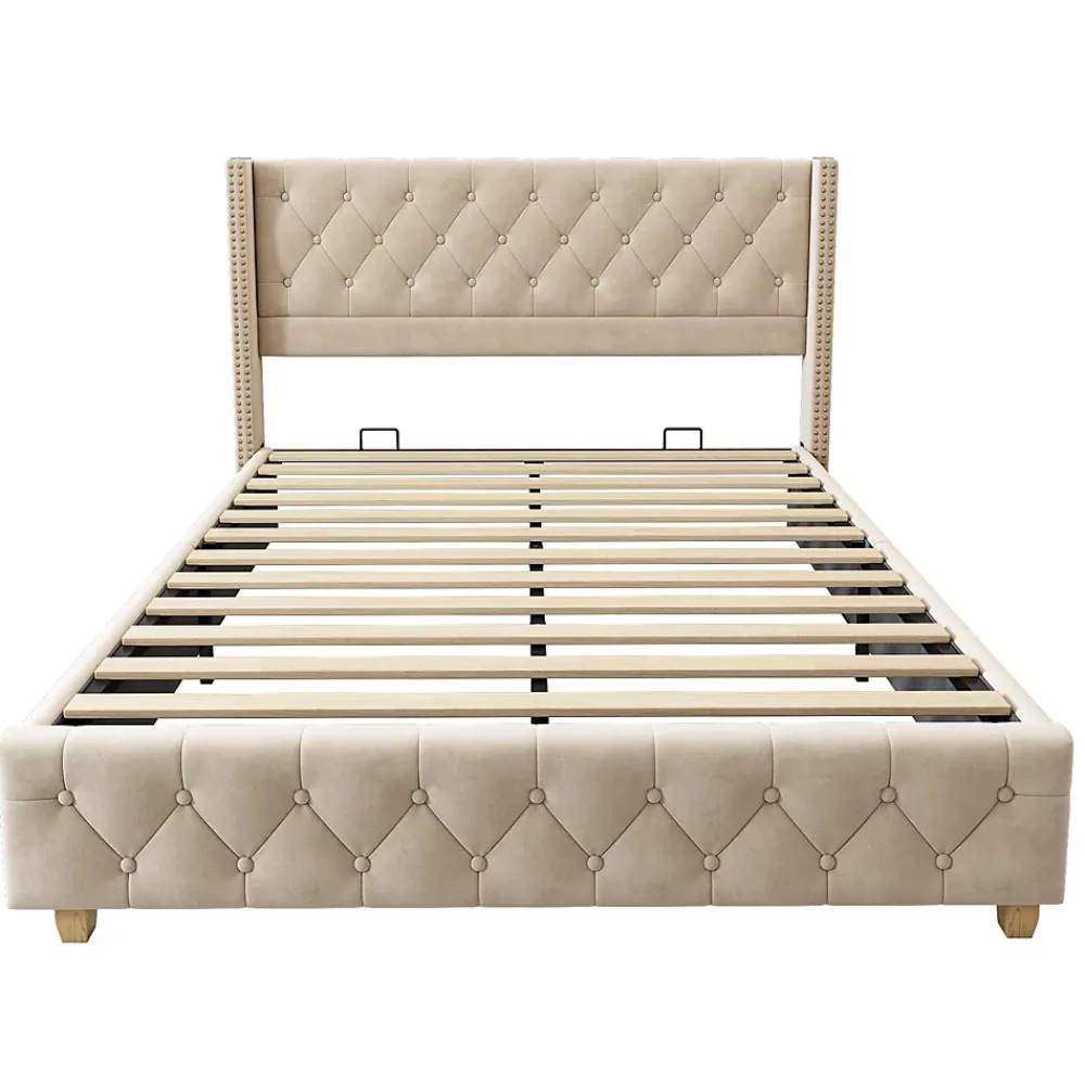 Redom Lit 160x200 cm tapissé velours beige clair avec tête de lit capitonnée, rivets décoratifs et pieds bois* Lit Double