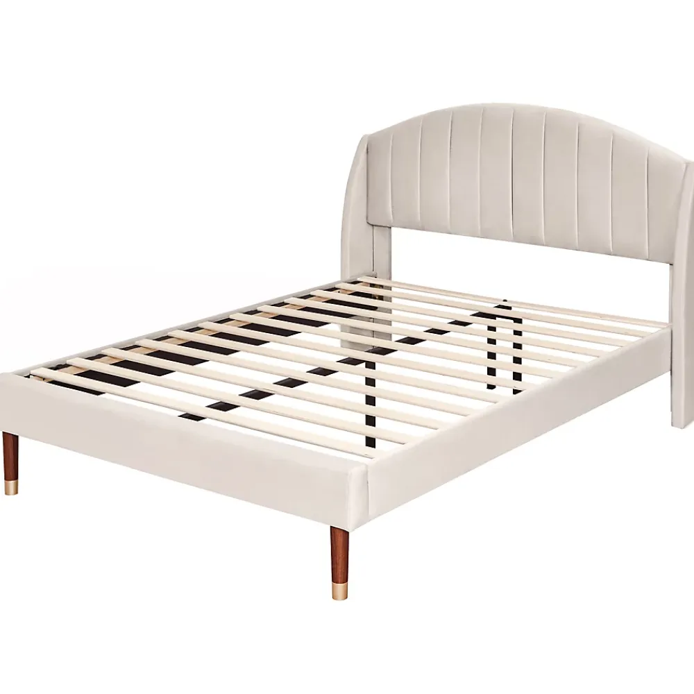Redom Lit 140x200 cm tapissé velours beige avec tête de lit rembourrée et sommier à lattes en bois, style intemporel* Lit Double