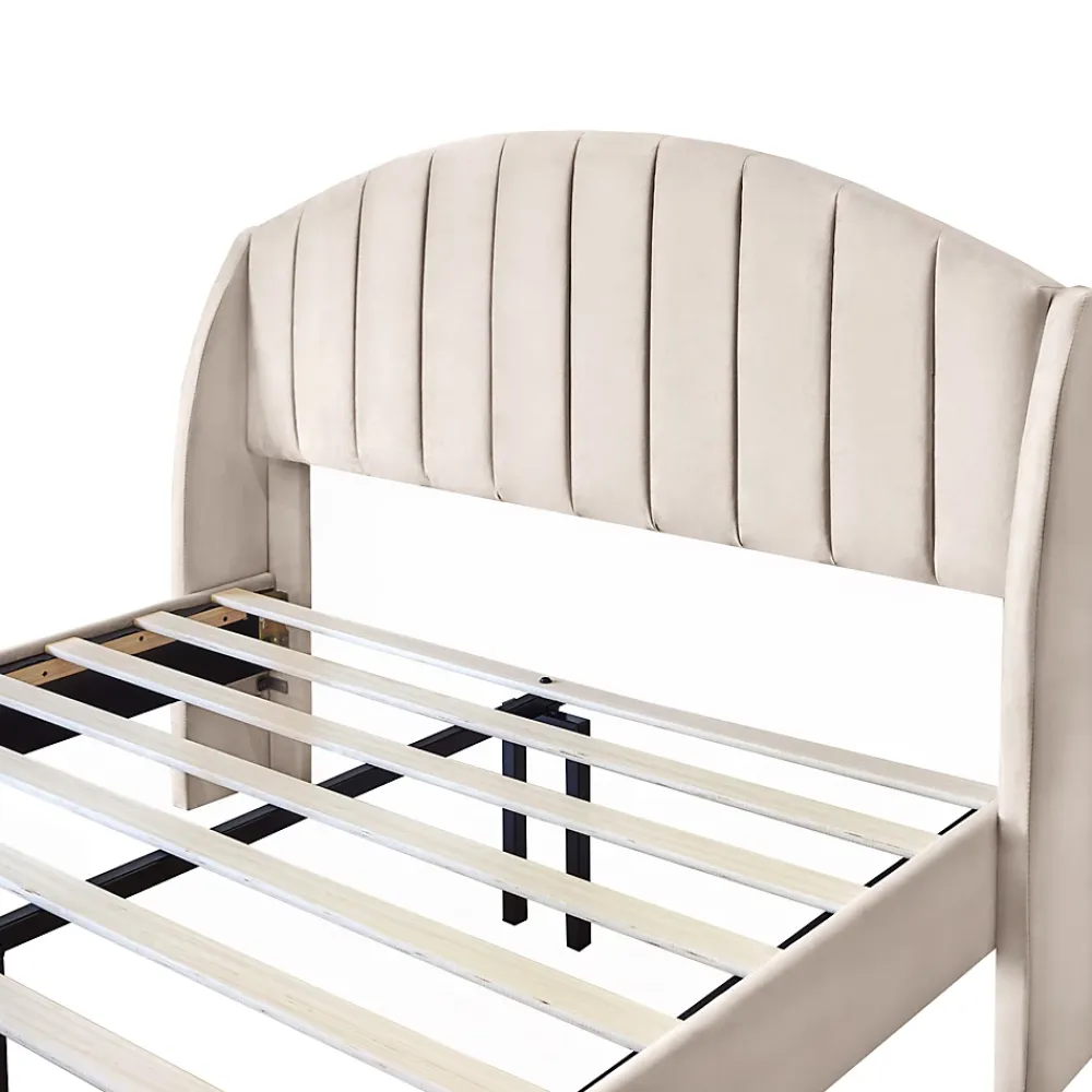 Redom Lit 140x200 cm tapissé velours beige avec tête de lit rembourrée et sommier à lattes en bois, style intemporel* Lit Double