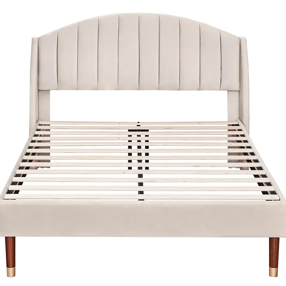 Redom Lit 140x200 cm tapissé velours beige avec tête de lit rembourrée et sommier à lattes en bois, style intemporel* Lit Double