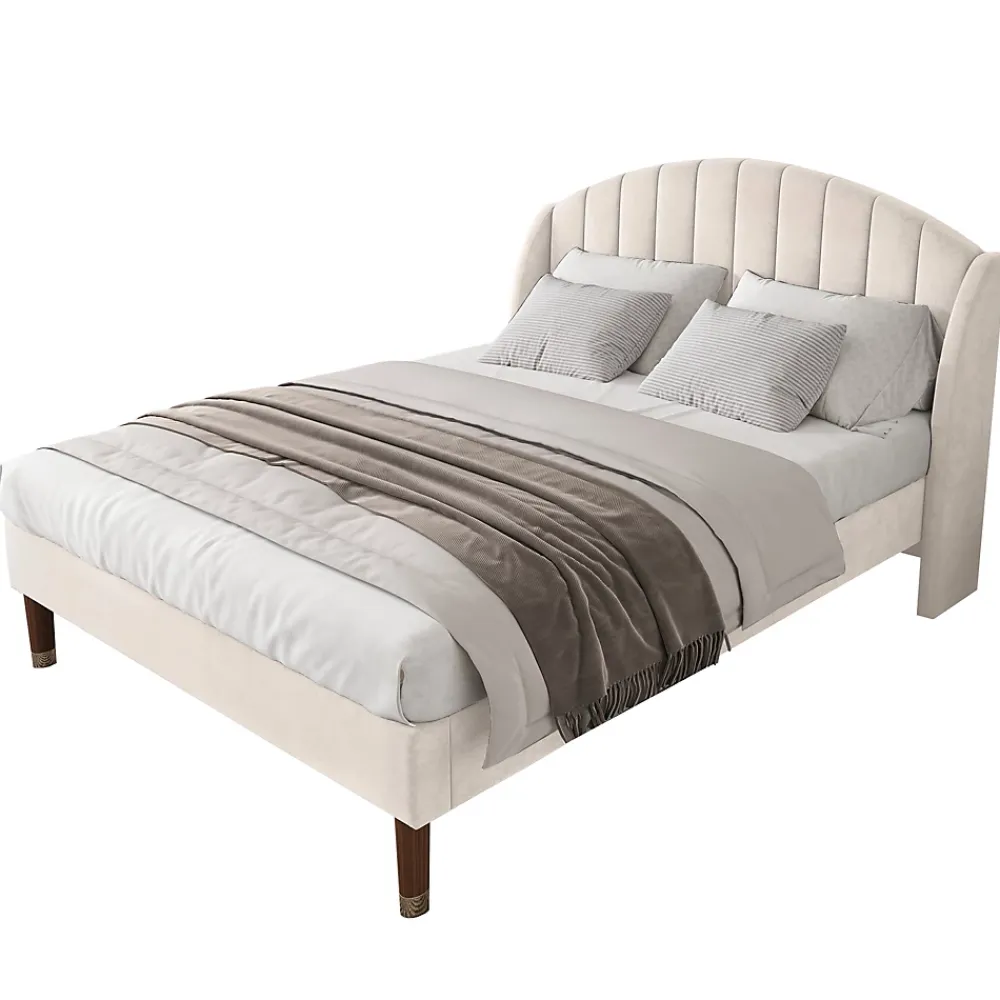 Redom Lit 140x200 cm tapissé velours beige avec tête de lit rembourrée et sommier à lattes en bois, style intemporel* Lit Double