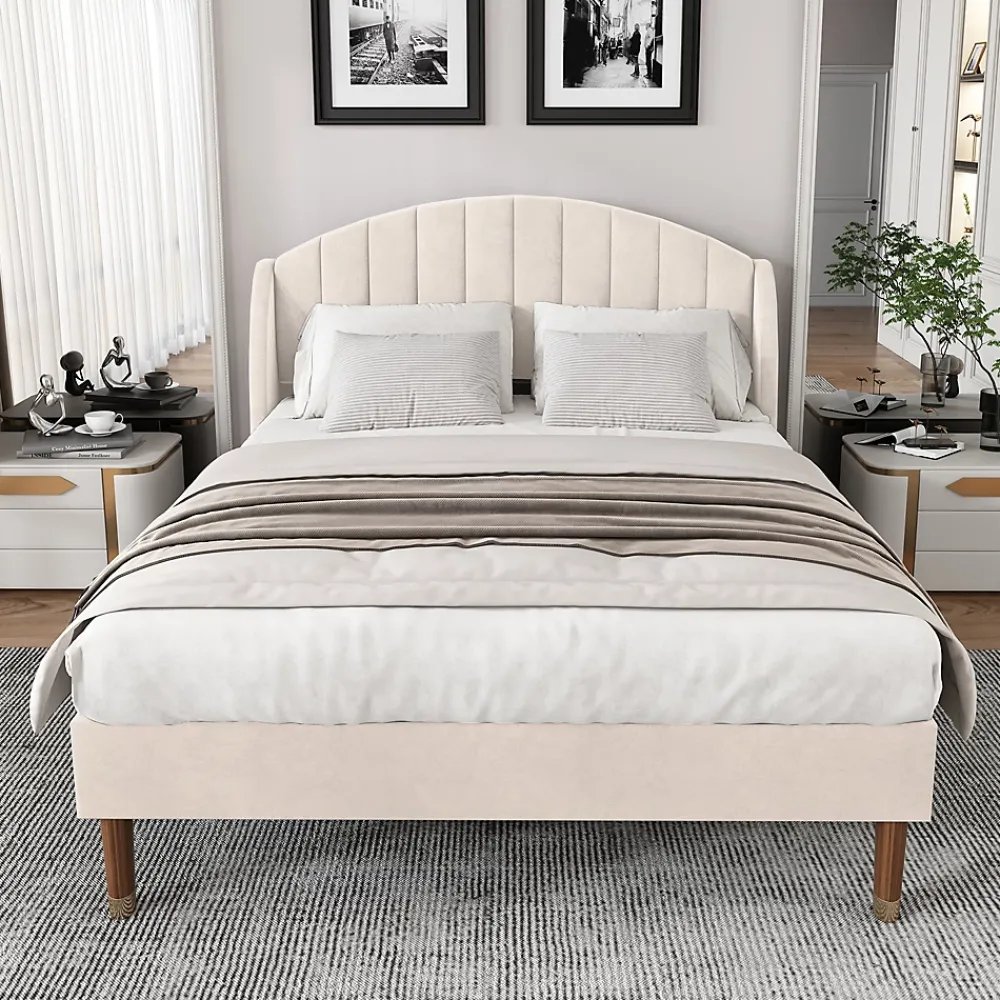 Redom Lit 140x200 cm tapissé velours beige avec tête de lit rembourrée et sommier à lattes en bois, style intemporel* Lit Double