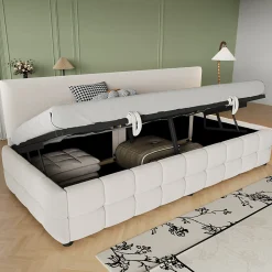 Lit 90x200 cm tapissé velours beige avec rangement hydraulique, dossier sans accoudoirs, motif carreaux discret>Redom Outlet