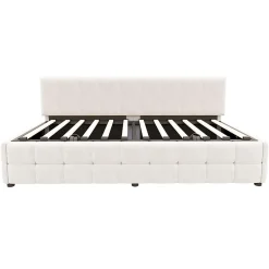 Lit 90x200 cm tapissé velours beige avec rangement hydraulique, dossier sans accoudoirs, motif carreaux discret><noscript><img width=