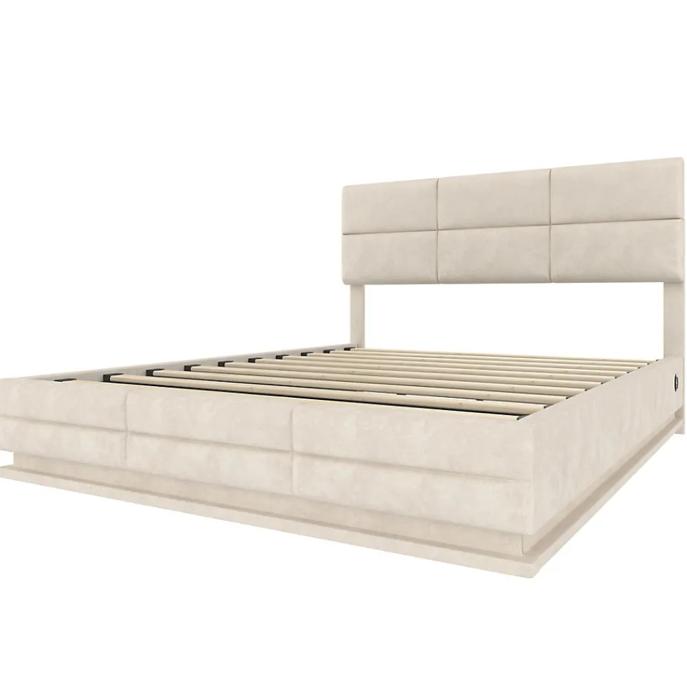 Lit 140x200 cm tapissé velours beige avec coffre XXL, tête de lit 3 positions et éclairage LED>Redom Sale