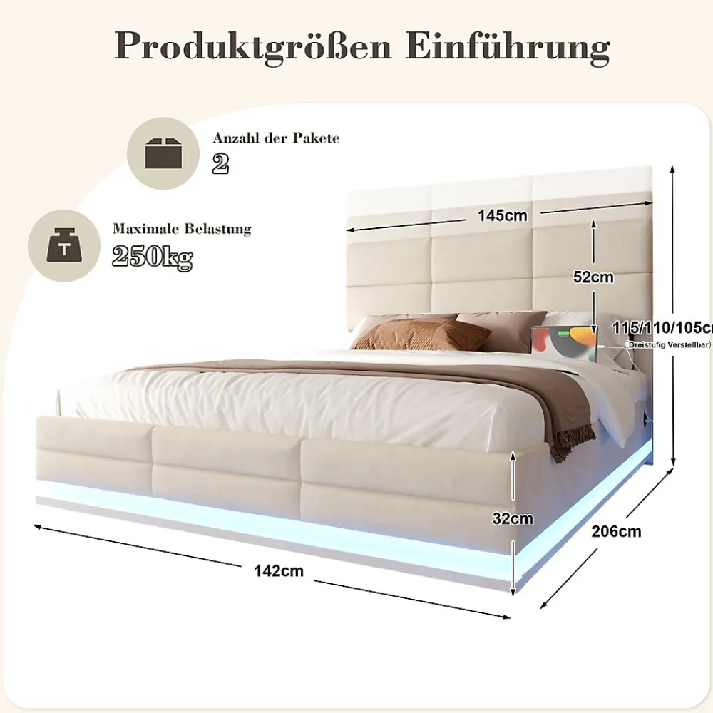 Lit 140x200 cm tapissé velours beige avec coffre XXL, tête de lit 3 positions et éclairage LED>Redom Sale