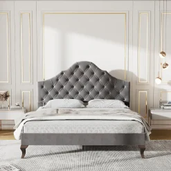 Lit 140x200 cm tapissé velours gris avec tête rembourrée et lattes en bois, design élégant>Redom Outlet