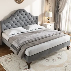 Lit 140x200 cm tapissé velours gris avec tête rembourrée et lattes en bois, design élégant><noscript><img width=