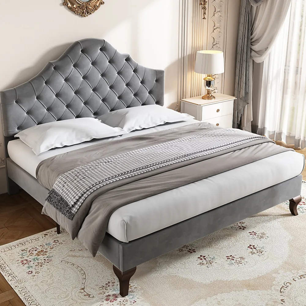 Lit 140x200 cm tapissé velours gris avec tête rembourrée et lattes en bois, design élégant>Redom Outlet