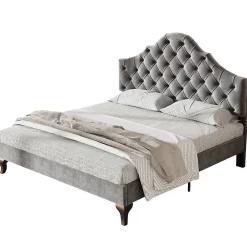 Lit 140x200 cm tapissé velours gris avec tête rembourrée et lattes en bois, design élégant><noscript><img width=