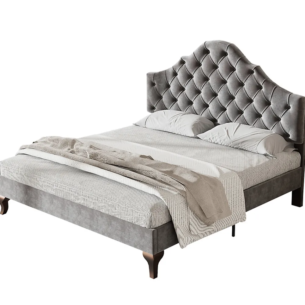 Lit 140x200 cm tapissé velours gris avec tête rembourrée et lattes en bois, design élégant>Redom Outlet