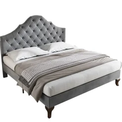 Lit 140x200 cm tapissé velours gris avec tête rembourrée et lattes en bois, design élégant><noscript><img width=