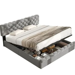 Redom Lit 180x200 cm tapissé velours gris avec tête de lit réglable, sommier à lattes et grand coffre de rangement* Lit Avec Rangement