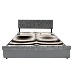 Redom Lit 180x200 cm tapissé velours gris avec tête de lit réglable, sommier à lattes et grand coffre de rangement* Lit Avec Rangement