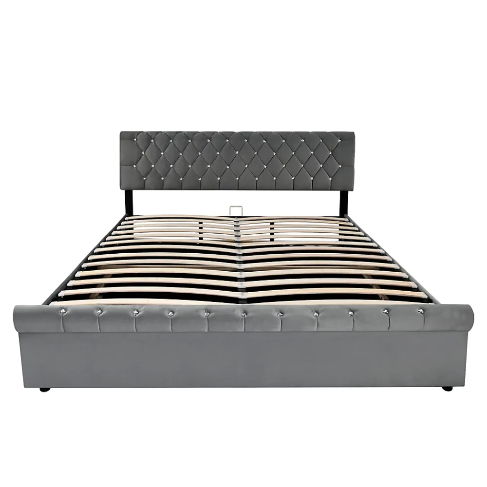Redom Lit 180x200 cm tapissé velours gris avec tête de lit réglable, sommier à lattes et grand coffre de rangement* Lit Avec Rangement
