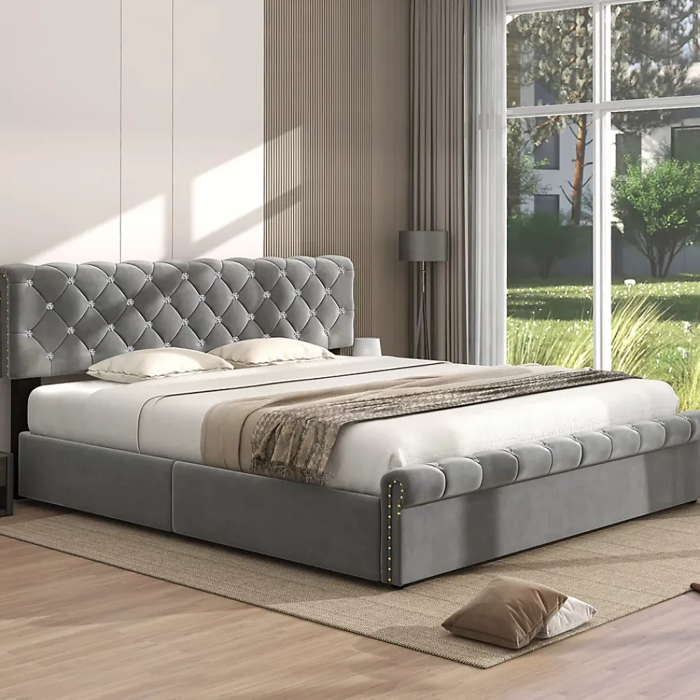 Redom Lit 180x200 cm tapissé velours gris avec tête de lit réglable, sommier à lattes et grand coffre de rangement* Lit Avec Rangement