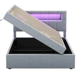 Redom Lit 90x200 cm tapissé velours gris avec éclairage d'ambiance LED, coffre de rangement et tête de lit réglable* Lit Avec Rangement