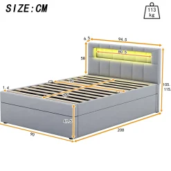 Redom Lit 90x200 cm tapissé velours gris avec éclairage d'ambiance LED, coffre de rangement et tête de lit réglable* Lit Avec Rangement