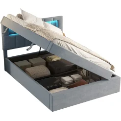 Redom Lit 90x200 cm tapissé velours gris avec éclairage d'ambiance LED, coffre de rangement et tête de lit réglable* Lit Avec Rangement