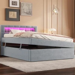 Redom Lit 90x200 cm tapissé velours gris avec éclairage d'ambiance LED, coffre de rangement et tête de lit réglable* Lit Avec Rangement