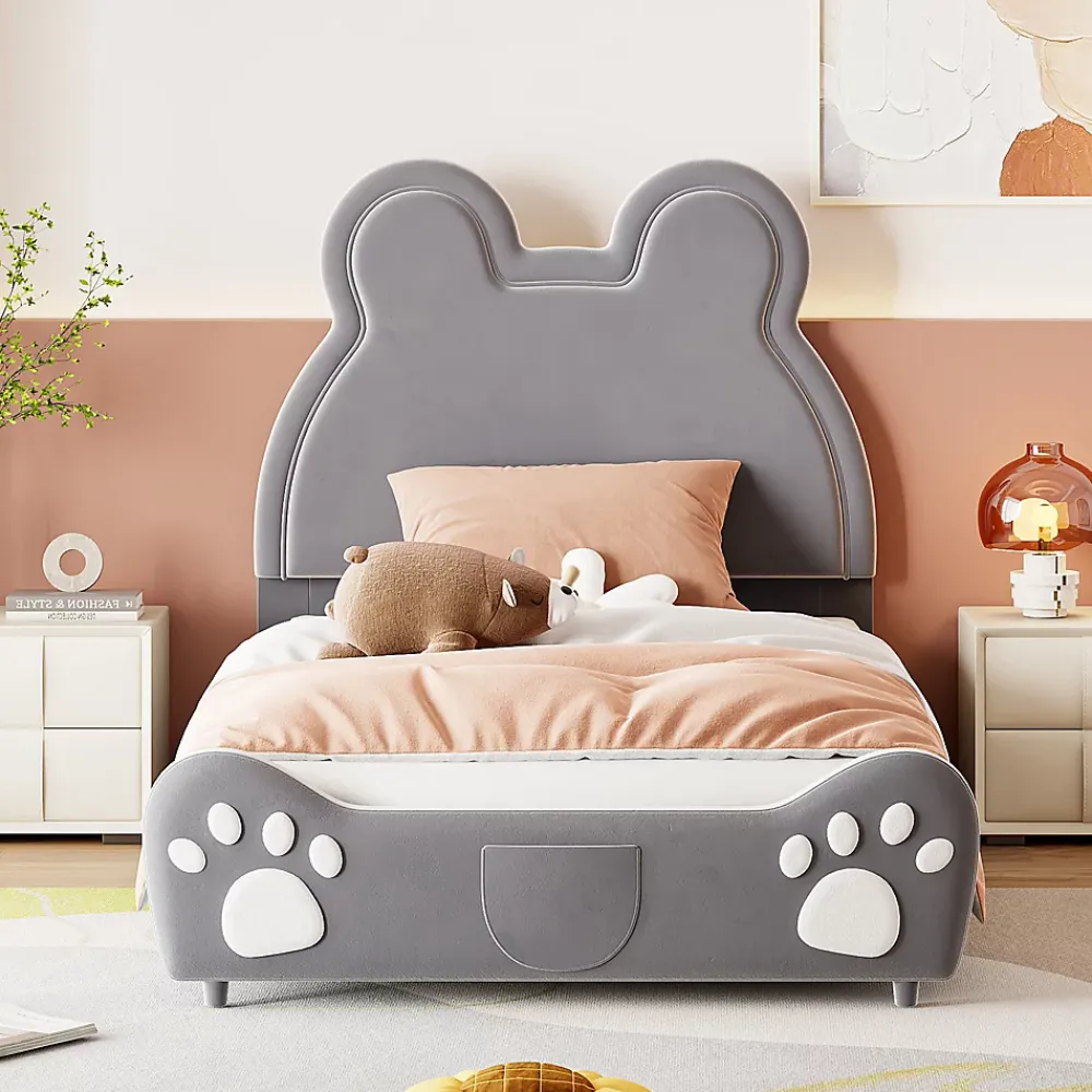 Redom Lit 90x200 cm tapissé velours gris en forme d'ours, design ludique et confortable pour chambre d'enfant* Lit Simple
