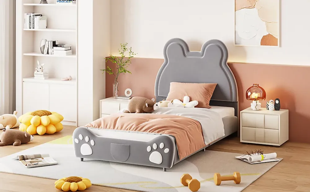 Redom Lit 90x200 cm tapissé velours gris en forme d'ours, design ludique et confortable pour chambre d'enfant* Lit Simple