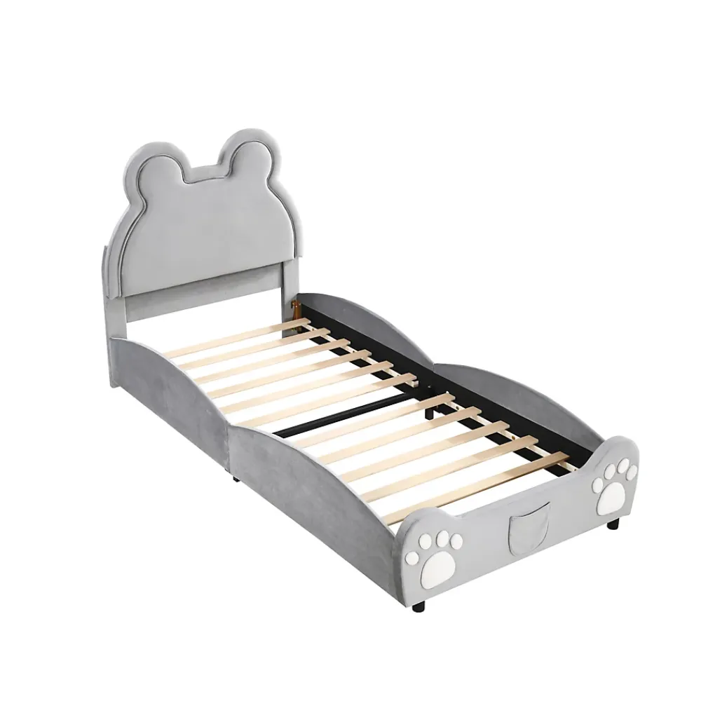 Redom Lit 90x200 cm tapissé velours gris en forme d'ours, design ludique et confortable pour chambre d'enfant* Lit Simple