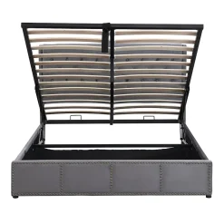 Redom Lit 140x190 cm tapissé velours gris avec coffre de rangement et tête de lit 103 cm cloutée* Lit Avec Rangement