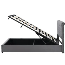 Redom Lit 140x190 cm tapissé velours gris avec coffre de rangement et tête de lit 103 cm cloutée* Lit Avec Rangement