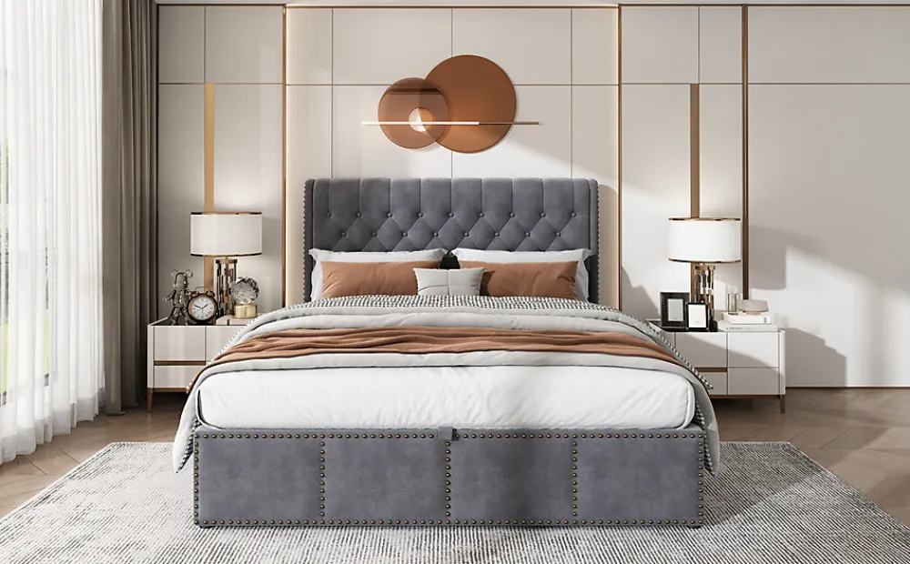 Redom Lit 140x190 cm tapissé velours gris avec coffre de rangement et tête de lit 103 cm cloutée* Lit Avec Rangement