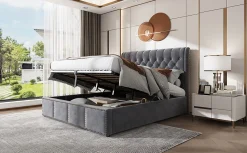 Redom Lit 140x190 cm tapissé velours gris avec coffre de rangement et tête de lit 103 cm cloutée* Lit Avec Rangement
