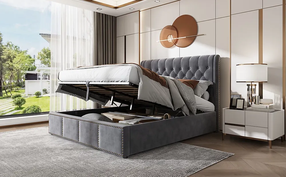 Redom Lit 140x190 cm tapissé velours gris avec coffre de rangement et tête de lit 103 cm cloutée* Lit Avec Rangement