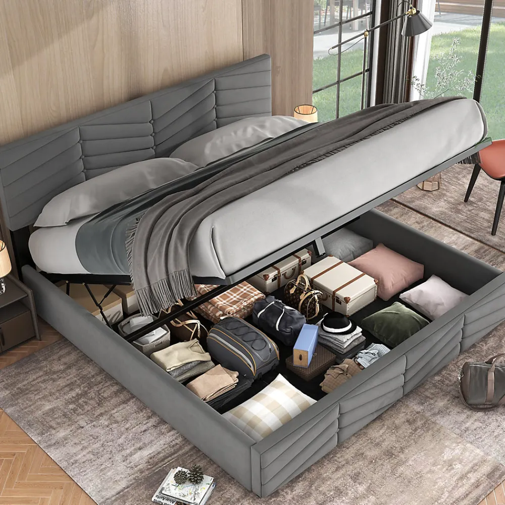 Lit 180x200 cm tapissé velours gris avec coffre hydraulique et tête réglable, style européen élégant>Redom